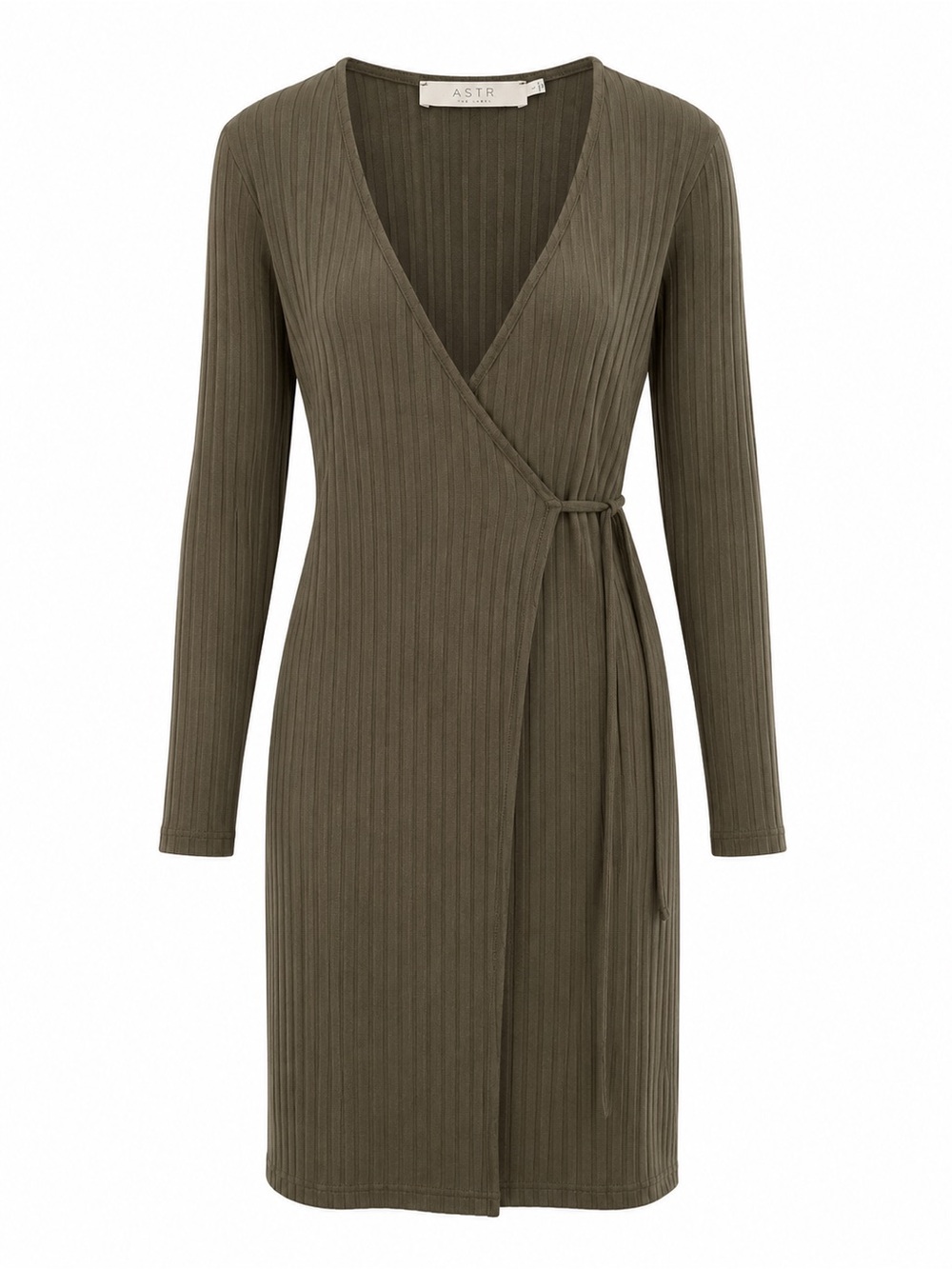 ASTR the Label size Large Olive Green Ribbed Long Sleeve Wrap Dress